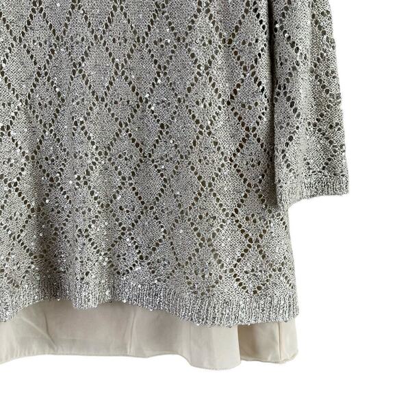 Boston Proper Sequin Embellished Open Knit Sweater Chiffon Lining in Cream, Sz M - Picture 5 of 11